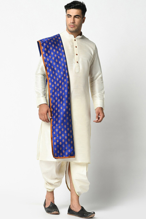 Off White Dupion Silk Men Plain Dhoti Kurta With Printed Dupatta