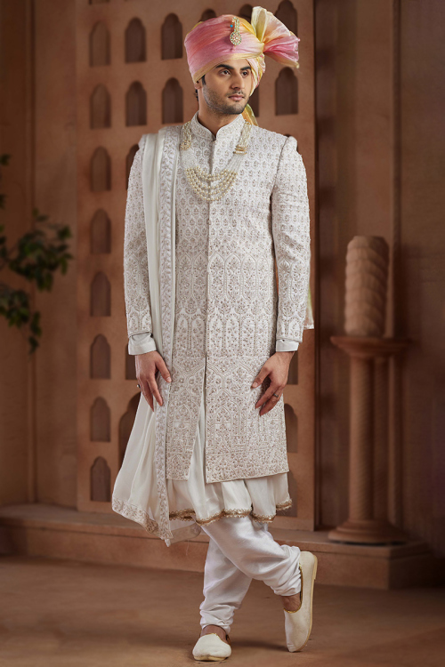 Off White Embroidered Art Silk Men's Sherwani With Anarkali Style Kurta