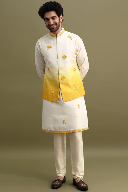 Off White Embroidered Cotton Silk Jacket Style Men&#039;s Kurta Pajama 