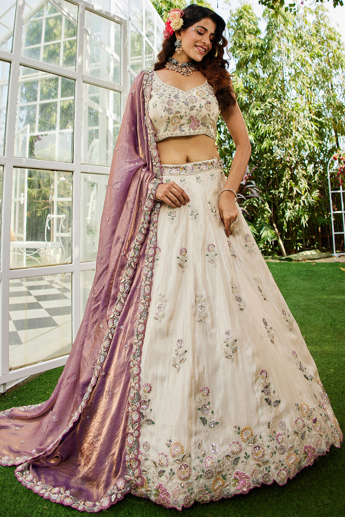 Off White Embroidered Silk Blend Lehenga For Wedding