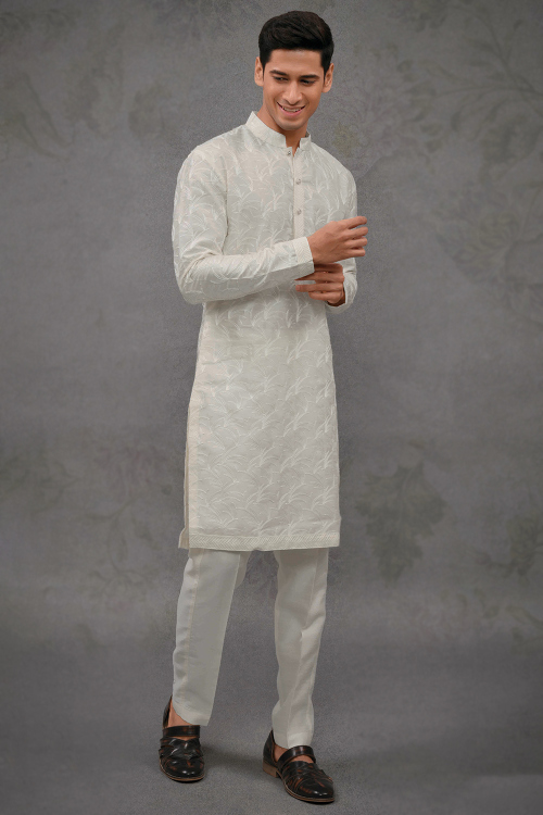 Off White Embroidered Silk Straight Cut Men's Kurta Pajama
