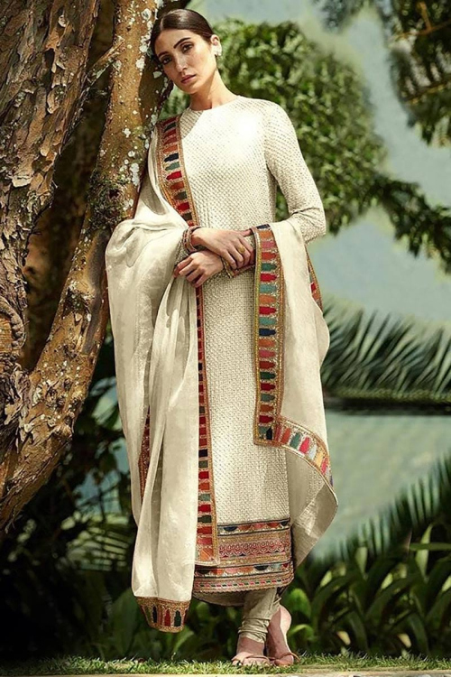 Off White Georgette Embroidered Pakistani Churidar Suit