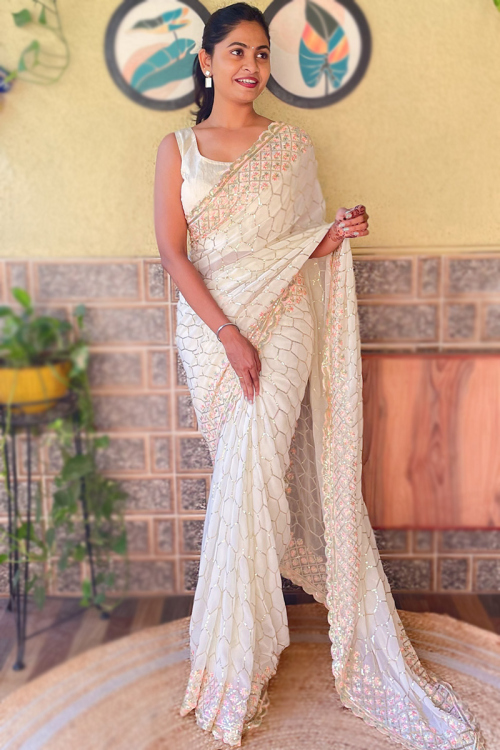 Off White Georgette Sequins Embroidered Saree For Sangeet 