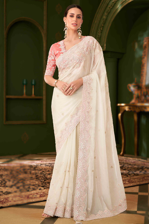 Off White Satin Georgette Shimmer Saree With Dori Work For Festival