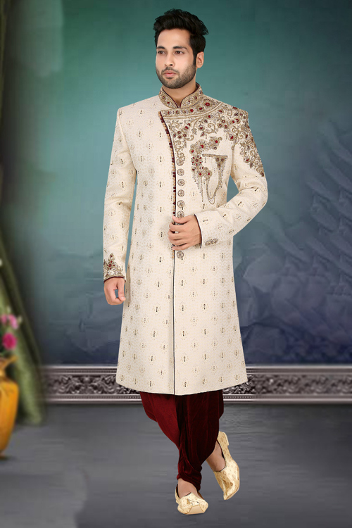 Ivory Jacquard Embroidered Men's Sherwani 