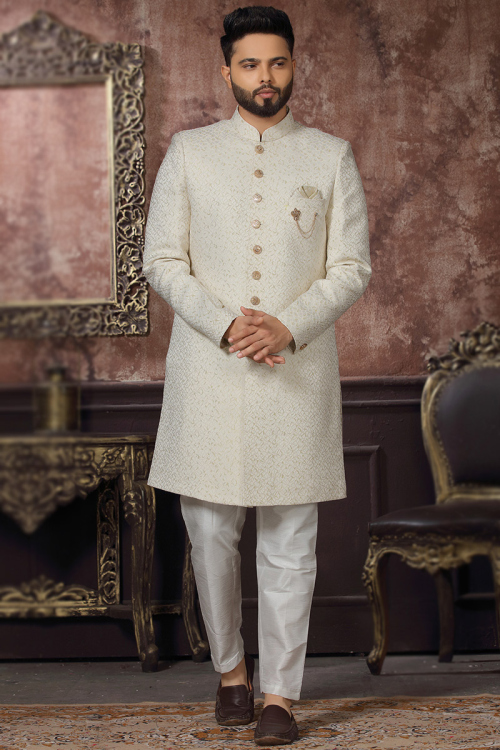Men Sherwani in Ivory Jacquard for Sangeet with Zari Work