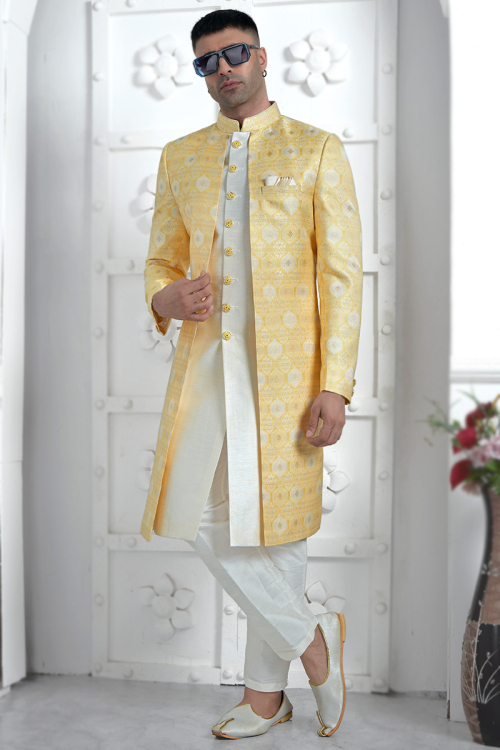Off White Jacquard Weaved Jacket Style Men's Sherwani