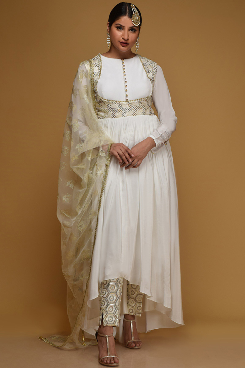 Ivory Soft Silk Modest Wear Anarkali Bridal Salwar Kameez