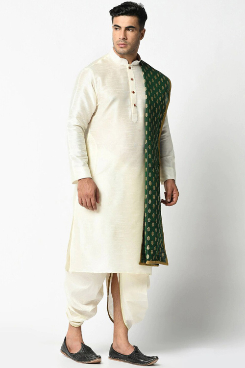 Ivory Plain Dhoti Kurta With Printed Green Dupatta