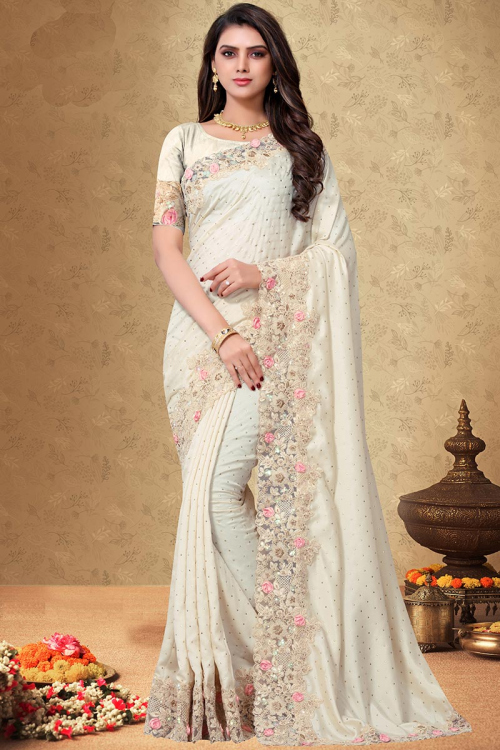 Off White Satin Silk Saree With Raw Silk Blouse