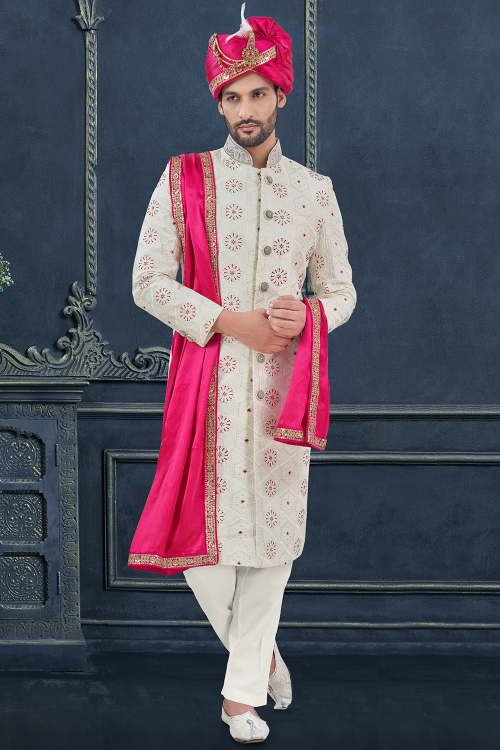 Off White Silk Blend Embroidered Jacket Style Men&#039;s Sherwani