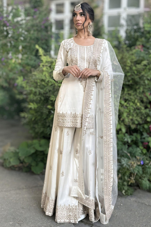 Off White Silk Blend Bridal Sharara Salwar Suit with Zari Work for Weddings