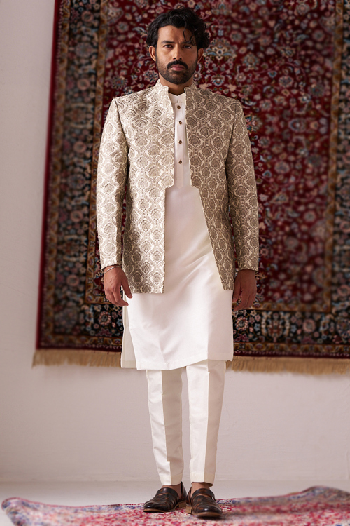Ivory Silk Men's Kurta Pajama With Embroidered Jacket