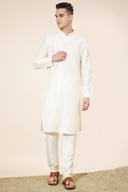 Off White Silk Plain Straight Cut Men's Kurta Pajama