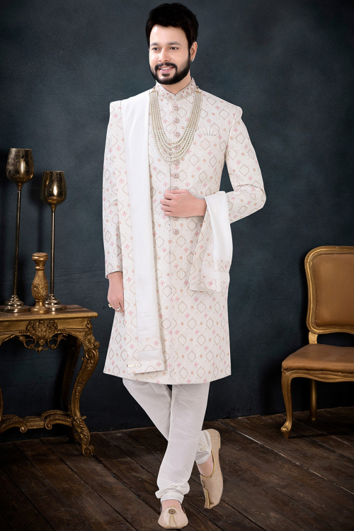 Ivory Silk Resham Embroidered Men Sherwani