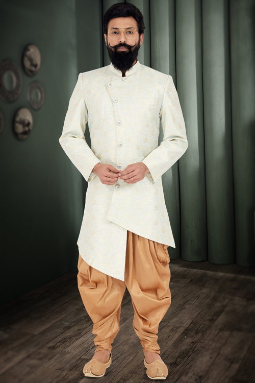 Off White Silk Straight Cut Men Sherwani