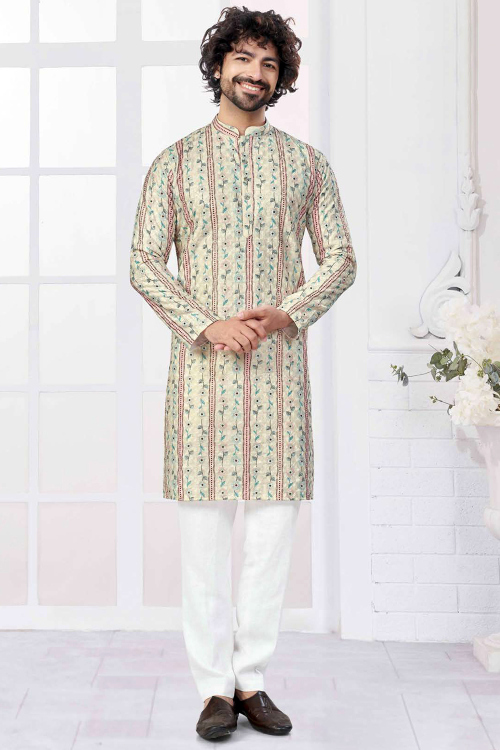 Off White Straight Cut Cotton Printed Men&#039;s Kurta Pajama