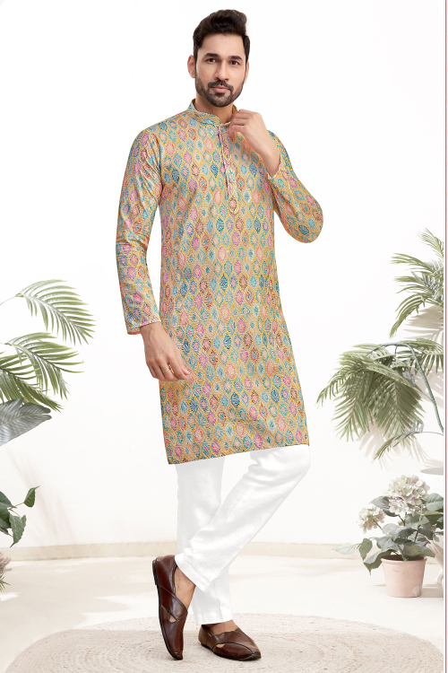Off White Straight Cut Cotton Resham Thread Men&#039;s Kurta Pajama