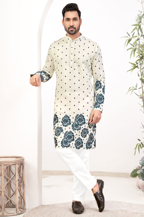 Off White Straight Cut Cotton Resham Thread Men&#039;s Kurta Pajama