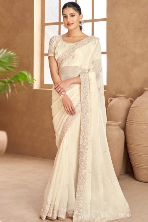 Off White Tissue Embroidered Fancy Saree