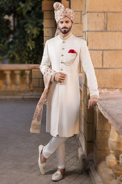 Ivory Traditional Weaved Brocade Men's Sherwani 
