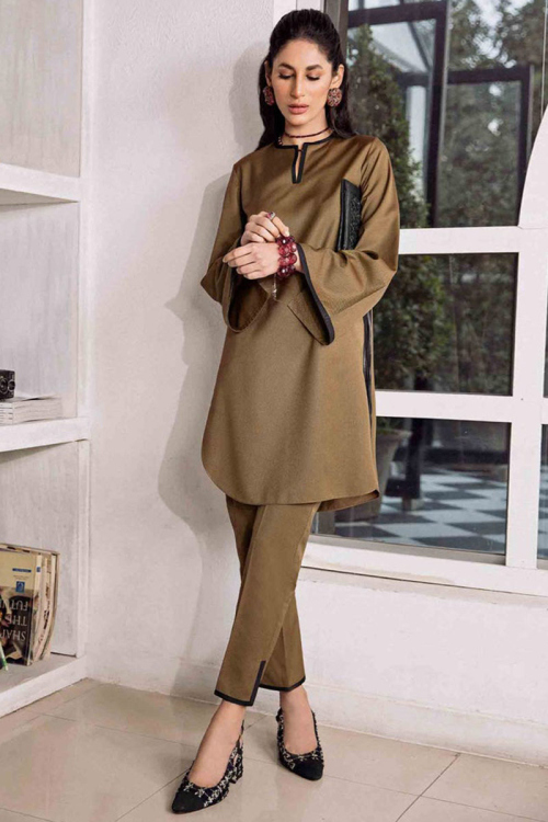 Olive Brown Cotton Silk Straight Cut Pakistani Trouser Style Suit