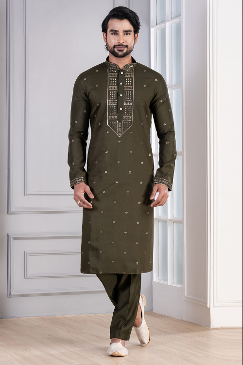 Olive Brown Embroidered Cotton Silk Men&#039;s Kurta Pajama