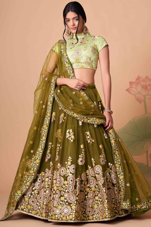 Olive Brown Net Resham Thread Embroidered Lehenga