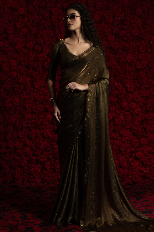 Olive Brown Tissue Stone Embellished Shimmer Saree 