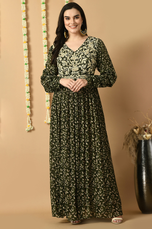 Olive Green Cotton Embroidered Anarkali Style Kurti 