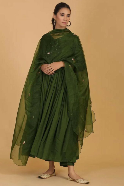 Olive Green Cotton Embroidered Trouser Suit