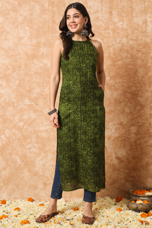 Olive Green Cotton Kurti With Printed Work For Casual Wear