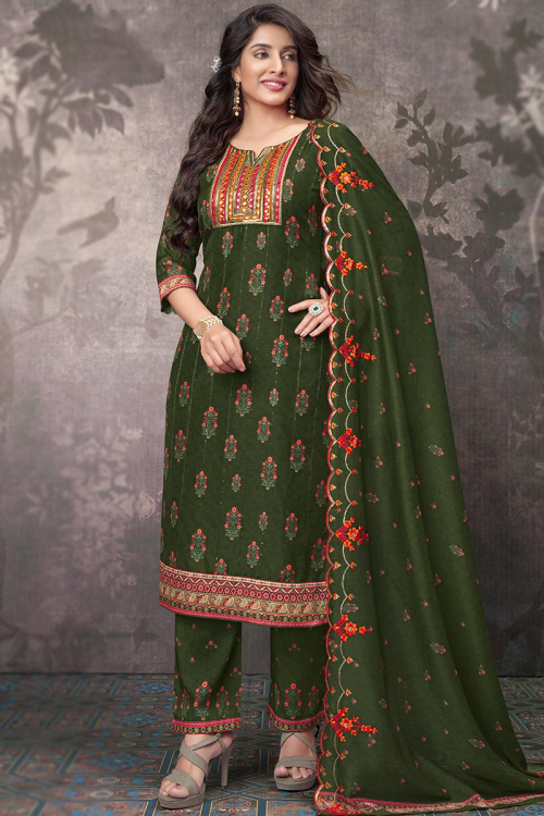 Olive Green Cotton Printed Straight Cut Suit