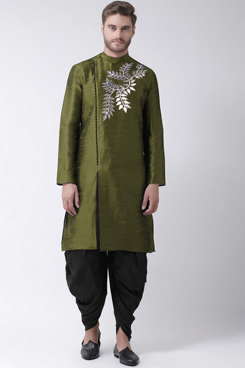 Olive Green Dupion Silk Embroidered Men&#039;s Kurta With Dhoti 