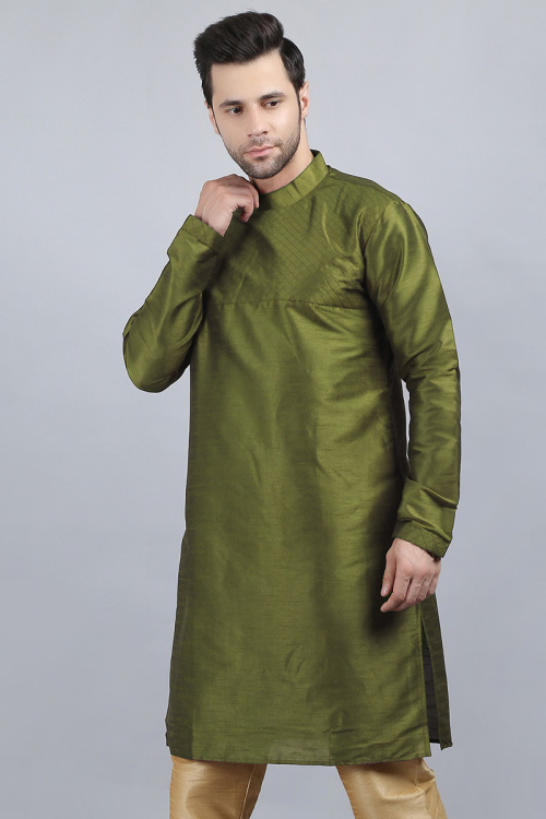 Olive Green Dupion Silk Plain Straight Cut Men's Kurta