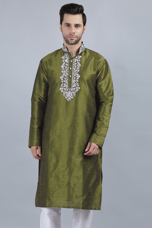 Olive Green Dupion Silk Straight Cut Men's Kurta 