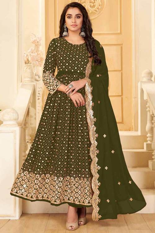 Olive Green Georgette Ankle Length Wedding Anarkali Salwar Suit