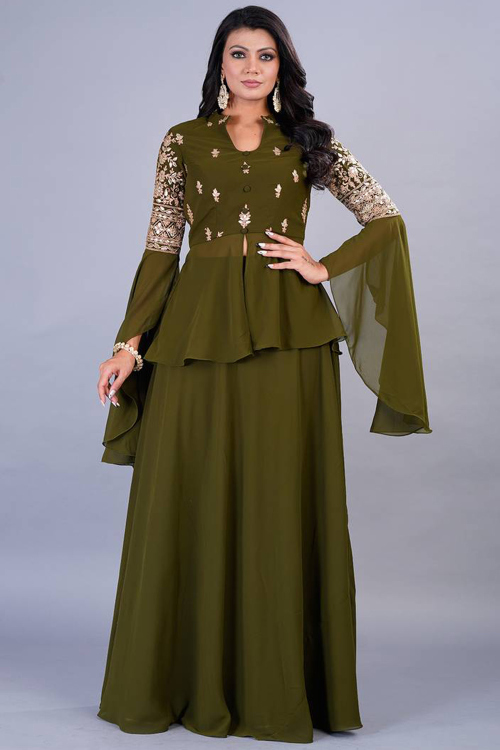 Olive Green Georgette Lehenga with Zari Work For Mehendi