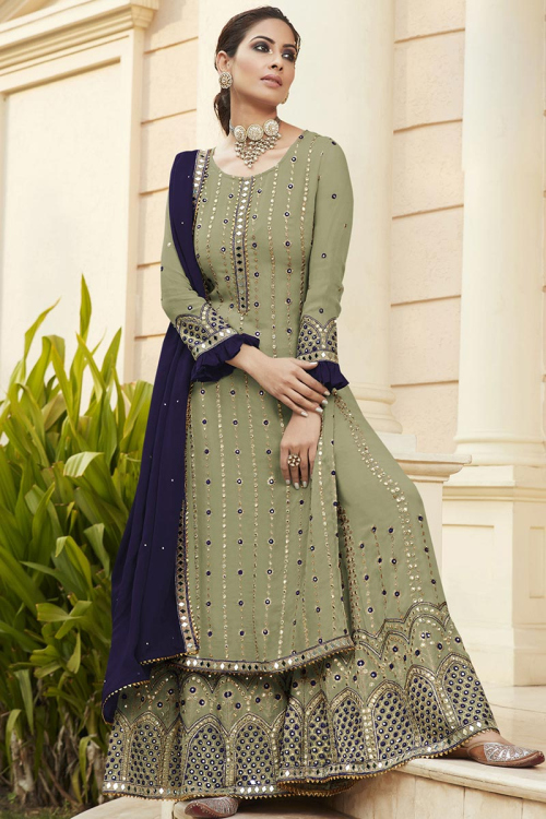 Sage Green Georgette Wedding Straight Cut Sharara Salwar Suit