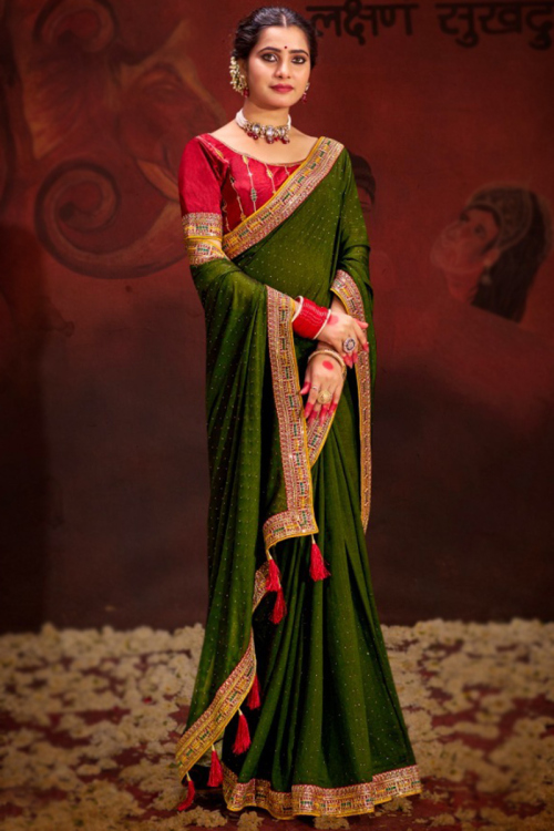 Olive Green Lace Embroidered Silk Light Weight Saree