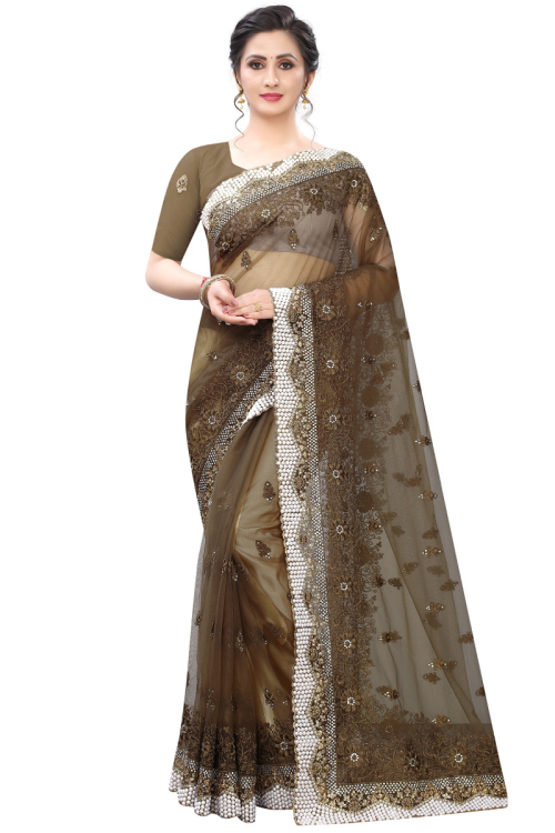 Olive Green Net Saree With Net Blouse