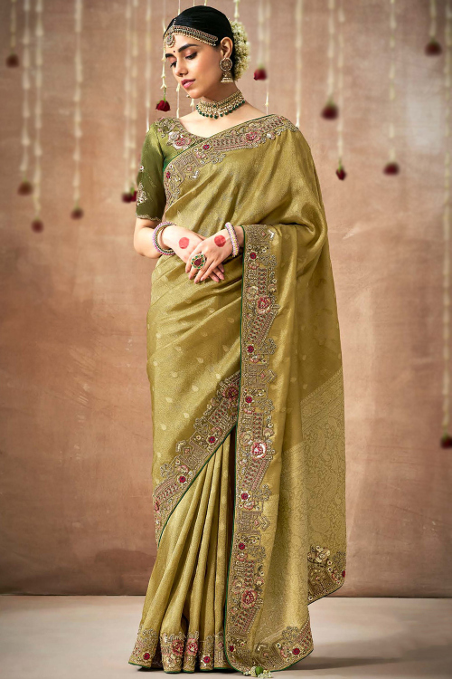 Olive Green Organza Embroidered Saree For Mehndi 