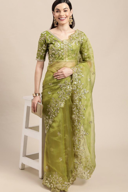 Olive Green Organza Woven Saree with Dori embroidery