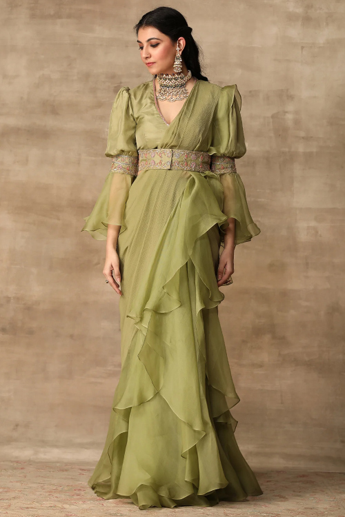 Olive Green Organza Ruffle Saree
