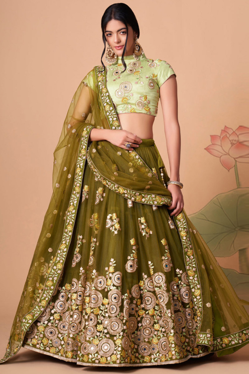 Olive Green Resham Embroidered Net Lehenga 