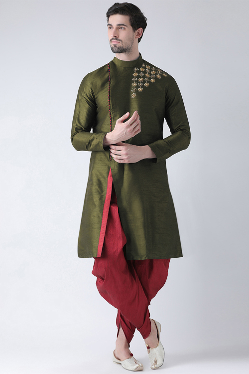 Olive Green Silk Embroidered Men&#039;s Kurta With Dhoti 