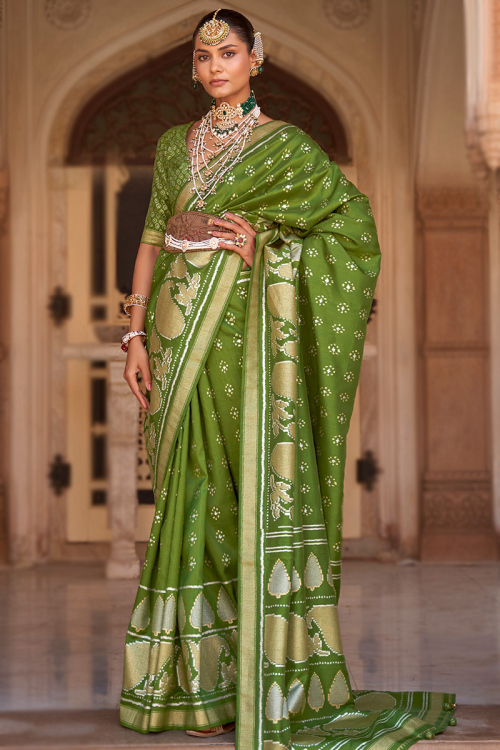 Olive Green Silk Foil Print Broad Border Saree