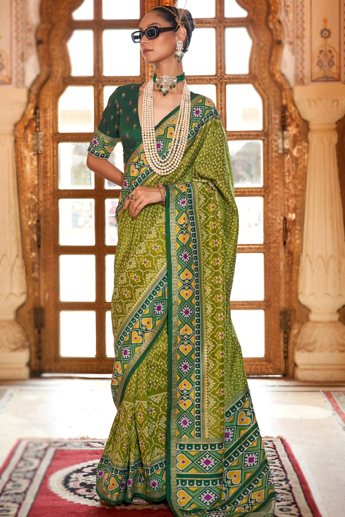 Olive Green Patola Silk Printed Saree for Women