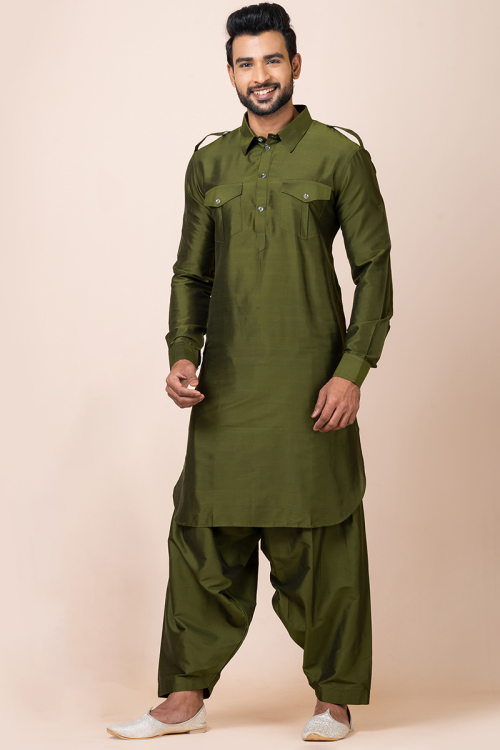 Olive Green Silk Straight Cut Pathani Men's Kurta With Salwar 