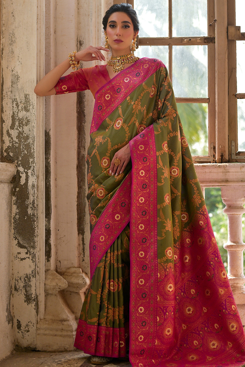 Olive Green Silk Woven Zari Broad Border Saree